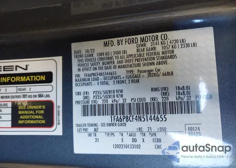 2022 Ford Mustang Gt Fastback z USA, uszkodzony, nr VIN 1FA6P8CF4N5144655